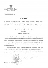 Zaświadczenie o nadaniu uprawnień szkoły publicznej dla NSM I st. w Leżajsku