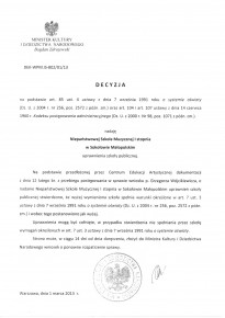 Zaświadczenie o nadaniu uprawnień szkoły publicznej dla NSM I st. w Sokołowie Małopolskim